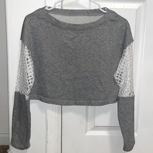 gray long sleeves crop top with mesh